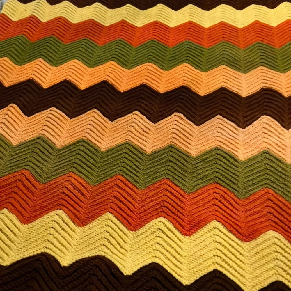 Hand Crafted Crochet Afghan Chevron Throw Blanket Brown Yellow ‎ Orange Green